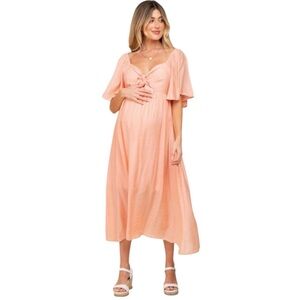 OTT Maternity Peach Front Tie Ruffle Sleeve Midi Dress Size Large BoxGK
